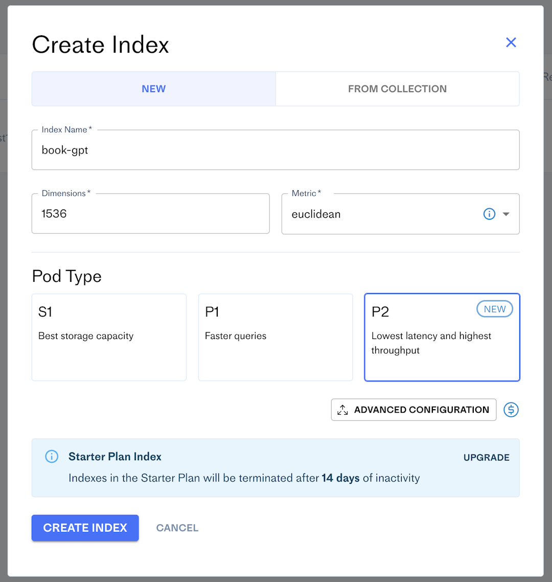 Create a new index in Pinecone